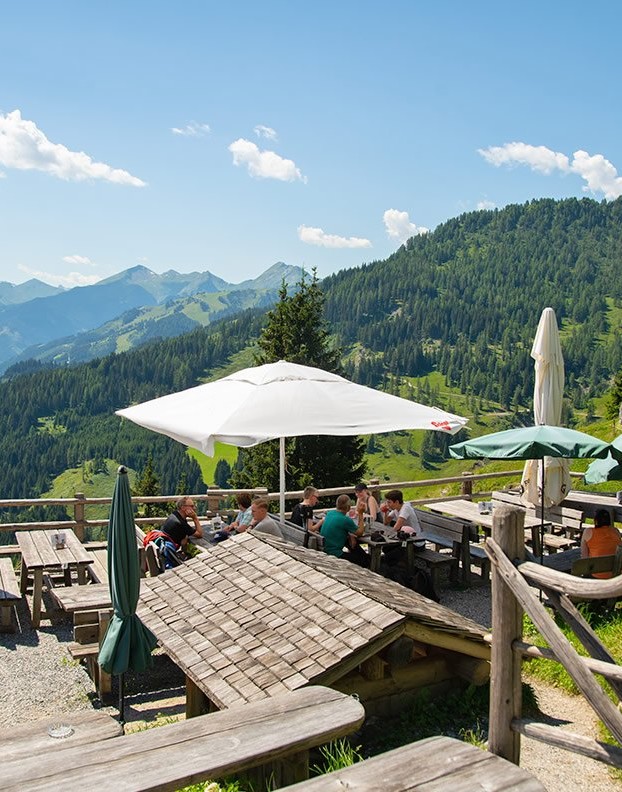 Auf der Sonnenterrasse der Viehhausalm mit traumhaftem Blick in die Berge und ins Tal